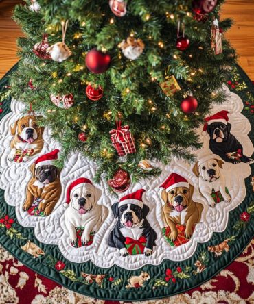 Pitbull Holiday Spirit Quilted Tree Skirt — Cheerful Pitbull Design, Plush Quilting For Holiday Warmth, Durable & Ready For Seasonal Display