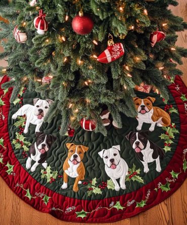 Pitbull Holly Jolly Quilted Tree Skirt — Festive Pitbull-Themed Christmas Accent, Colorful Patchwork To Celebrate Your Furry Friend