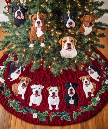 Pitbull Winter Whimsy Quilted Tree Skirt — Playful Pitbull Holiday Décor, Durable Patchwork Skirt To Brighten Seasonal Displays