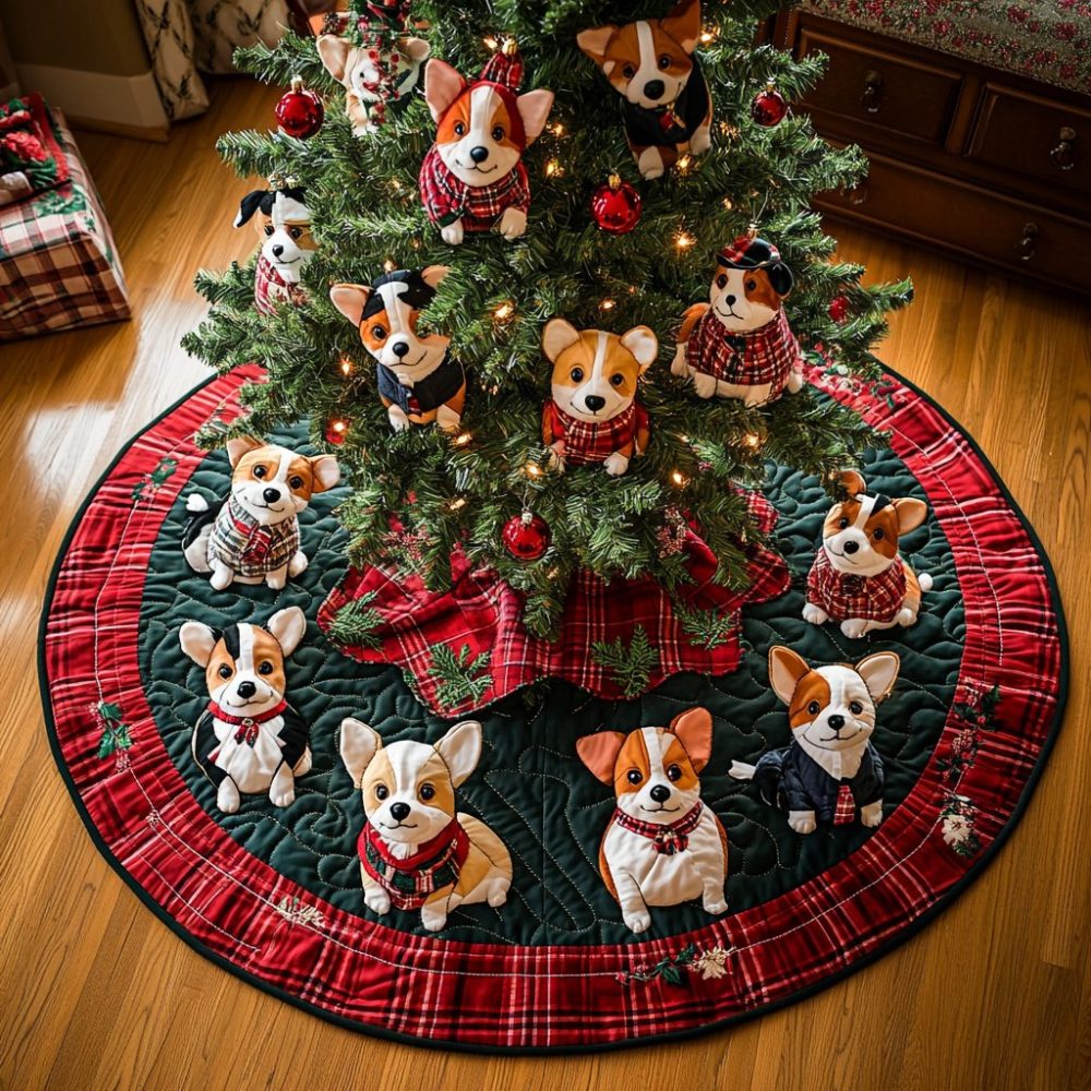 Playful Plaid Corgi Quilted Christmas Tree Skirt — Cheerful Plaid Pattern With Corgi Motifs, Durable Stitching & Easy Holiday Styling