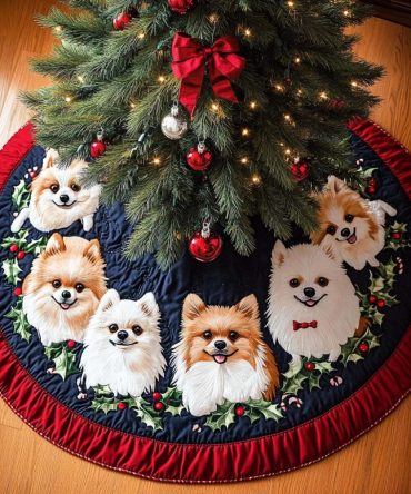 Playful Pomeranian Quilted Christmas Tree Skirt — Fun Dog Motif Holiday Skirt With Quilted Texture To Brighten Living Room Décor
