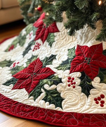 Luxurious Quilted Poinsettia Christmas Tree Skirt - Festive Red Floral Holiday Decor, Soft Cotton Blend, 48" Diameter