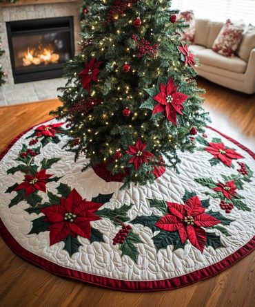 Poinsettia Bloom Quilted Christmas Tree Skirt — Vibrant Poinsettia Quilted Skirt, Festive Floral Tree Base Cover For Classic Holiday Style