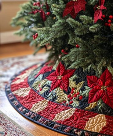 Charming Poinsettia Quilted Christmas Tree Skirt — 48In Holiday Accent With Flower Applique, Soft Padding & Easy Fit