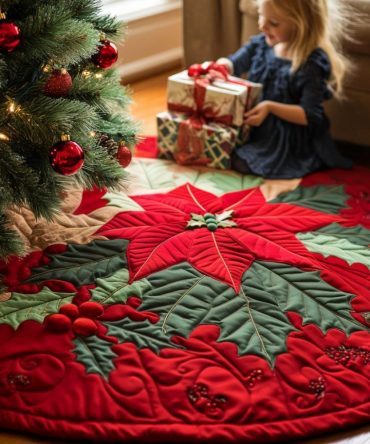 Poinsettia Quilted Christmas Tree Skirt — Lush Floral Holiday Accent With Textured Stitching For Elegant Seasonal Decor