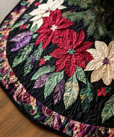 Poinsettia Garland Quilted Holiday Tree Skirt — 48In Decorative Red & Green Floral Skirt, Machine-Friendly Care & Cozy Fill