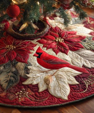 Poinsettia Nest Whisper Quilted Christmas Tree Skirt — Premium Holiday Tree Base Decor, Soft Quilting, Festive Accent For Home & Gifts