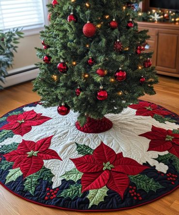 Elegant Poinsettia Quilted Tree Skirt — Red Floral Holiday Accent On Soft Cotton Blend, 48-Inch Round, Machine-Washable