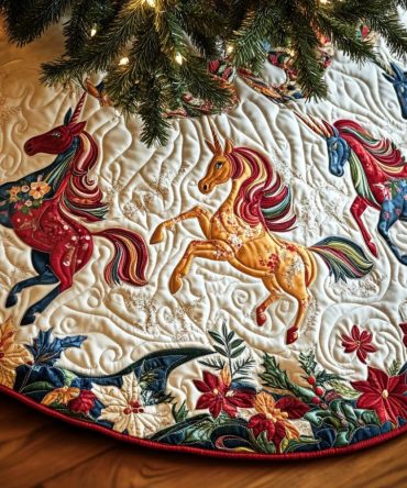 Poinsettia Prance Quilted Tree Skirt — Classic Floral Holiday Motif, Red & Green Festive Base Cover For Traditional Christmas Styling