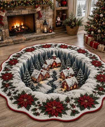 Poinsettia Valley Holiday Rug - Custom-Shaped Festive Village Area Rug With Poinsettia Motif, Low-Pile, Machine Washable
