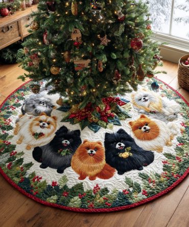 Pom Candlelight Glow Quilted Tree Skirt — Warm Candlelit Pomeranian Design, Quilted Padding For Elegant Holiday Presentation & Protection