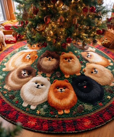 Christmas Pom Magic Quilted Tree Skirt: Enchanting Pom Accents, Soft Layered Padding, Festive Statement Piece To Complete Holiday Decor