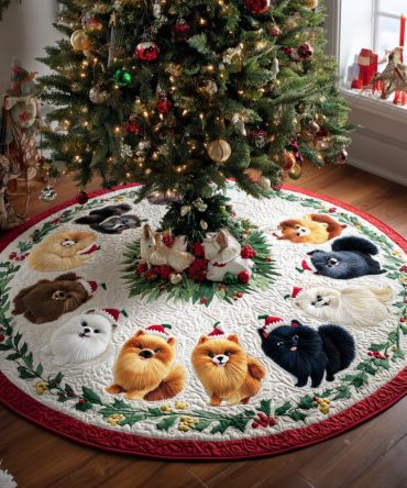 Holiday Holly Pom-Pom Quilted Christmas Tree Skirt: Plush Festive Decor, Cozy Gift Cover For Living Room