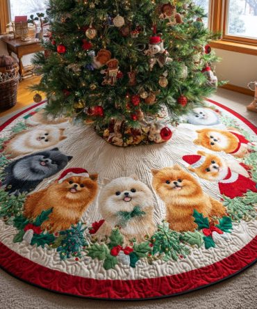 Twirl Pom Quilted Christmas Tree Skirt: Colorful Pom Edge & Plush Layered Holiday Skirt That Elevates Seasonal Decor