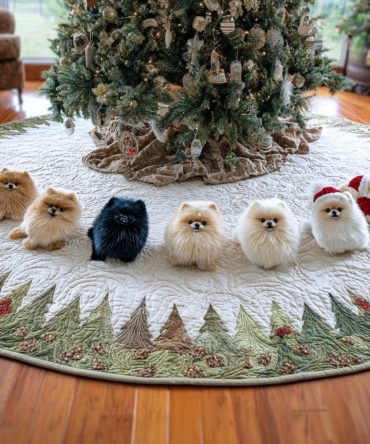 Pom Wonderland Quilted Tree Skirt — Whimsical Pomeranian Winter Scene, Plush Quilting For Stylish Tree Base Coverage & Festive Ambiance
