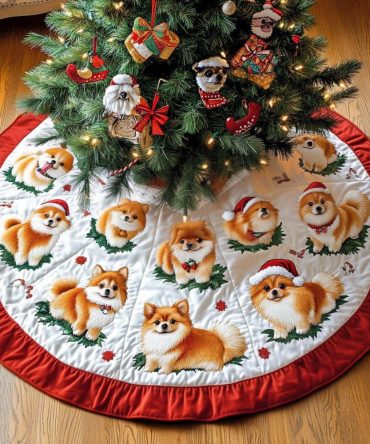 Pomeranian Joy Quilted Christmas Tree Skirt — Charming Pomeranian Dog Motif Holiday Skirt With Soft Quilting For Cozy Seasonal Decor