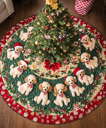Holiday Joy Quilted Poodle Tree Skirt - Vibrant Christmas Dog Decor For Stylish Gifts, Photo Ops & Family Traditions