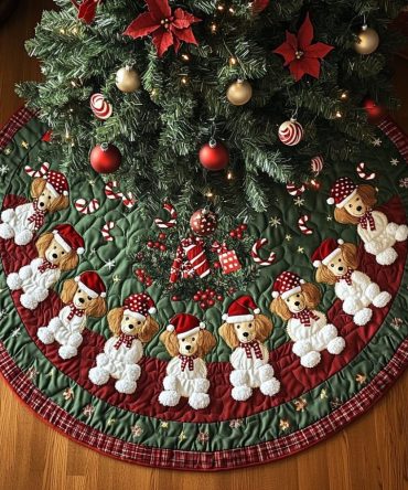 Holiday Spirit Quilted Poodle Tree Skirt - Festive Christmas Dog Decor For Families, Mantels & Seasonal Photo Moments