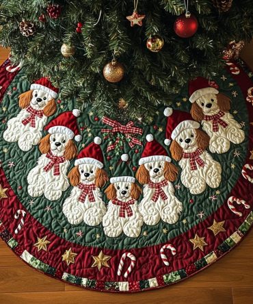 Xmas Joy Quilted Poodle Tree Skirt - Bright Festive Dog Decor For Holiday Parties, Living Rooms & Gift Wrapping Displays