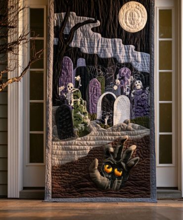 Porch Of Nightmares Quilted Halloween Door Cover — Dramatic Spooky Porch Front Door Panel To Wow Trick-Or-Treaters