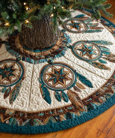 Prairie Feathers Quilted Christmas Tree Skirt — Country Prairie Style With Feather Accents For Warm Rustic Holiday Decor