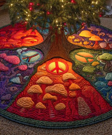 Psychedelic Forest Peace Quilted Tree Skirt - Soft Quilted Fabric, Easy-Care Holiday Accent, Ideal Gift & Tree Base Cover