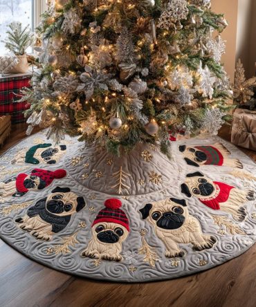 Pug Parade Quilted Holiday Tree Skirt — Playful Pug Christmas Tree Skirt With Colorful Appliqué, Durable Quilted Fabric For Pet Fans