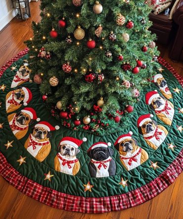 Pug Christmas Charm Quilted Tree Skirt — Adorable Holiday Tree Base Cover With Pug Applique, Cozy Quilted Finish, Perfect Gift