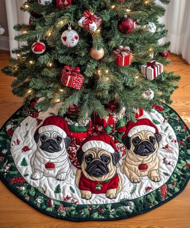 Holiday Quilted Pug Tree Skirt — Festive Pug Christmas Decor, Reversible Soft Skirt, Easy Care & Perfect Gift For Pet Families