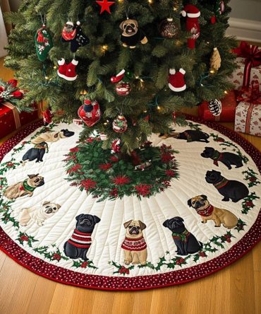 Festive Pug Quilted Christmas Tree Skirt — Premium Holiday Decor, Soft Cotton-Blend, Machine Washable & Gift-Ready