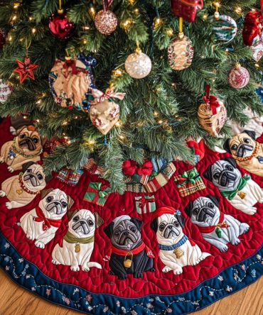 Holiday Quilted Pug Tree Skirt — Cheerful Christmas Tree Mat With Pug Holiday Joy Print, Soft Padding, Ready-To-Gift For Dog Lovers