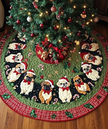 Pug Holiday Spirit Quilted Tree Skirt — Playful Christmas Tree Base Cover With Pug Design, Soft Quilting, Ideal Pet Lover Gift