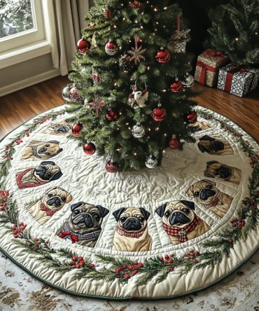 Pug Joy Quilted Christmas Tree Skirt — Joyful Pug Pattern With Classic Holiday Colors, Quilted Skirt For Festive Decorating