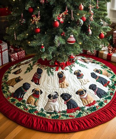 Pug Noel Night Quilted Tree Skirt — Cozy Holiday Tree Base Cover With Pug Scene, Decorative Quilting, Perfect Seasonal Accent
