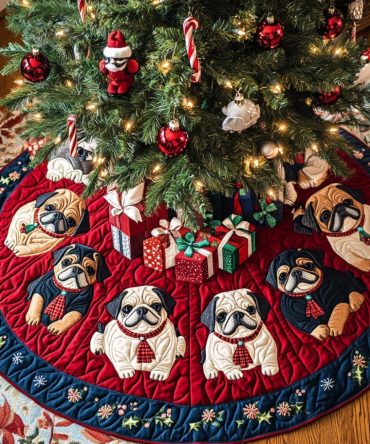 Quilted Pug Noel Night Tree Skirt — Elegant Christmas Tree Mat With Nighttime Pug Design, Cozy Backing & Easy-Care Holiday Accent