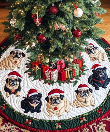 Spirit Quilted Pug Christmas Skirt — Whimsical Dog-Themed Holiday Tree Skirt, Cozy Lining, Decorative Patchwork For Living Room