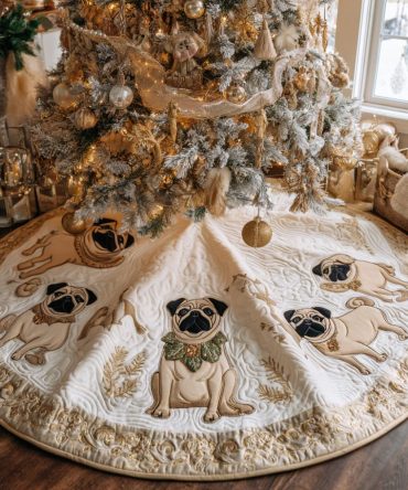 Pug Wonderland Quilted Holiday Tree Skirt — Magical Pug Winter Scene, Quilted Christmas Skirt For Festive Pet Décor & Gifts