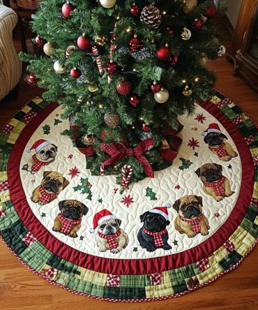 Pug Xmas Joy Quilted Tree Skirt — Charming Dog-Themed Holiday Tree Cover, Soft Fabric, Festive Accent For Pet Parents