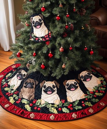 Pug Yuletide Delight Quilted Tree Skirt — Festive Pug Illustration, Reversible Option, Machine-Washable & Ideal Gift For Pug Fans