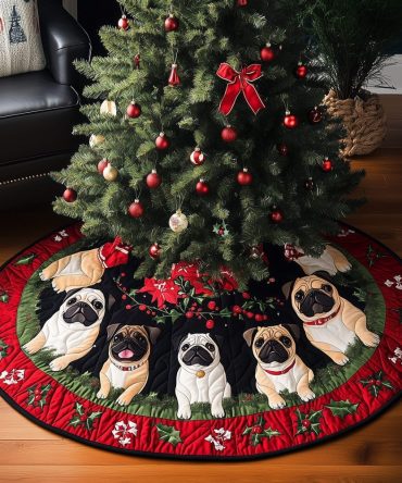 Puggy Christmas Cheer Quilted Tree Skirt — Charming Pug Print Holiday Decor, Soft Quilting, Machine-Washable & Gift-Ready