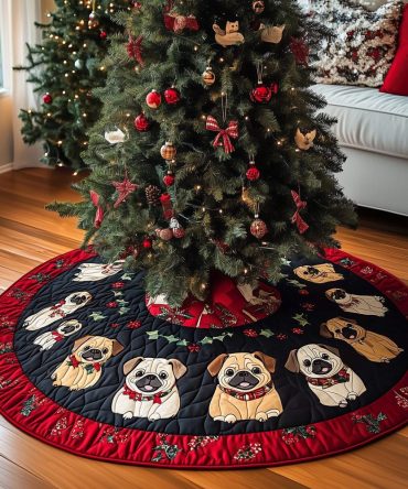 Puggy Christmas Fun Quilted Tree Skirt — Whimsical Pug Holiday Accent, Soft Fabric, Easy-Care & Great Gift For Pug Enthusiasts