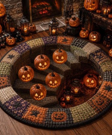 Pumpkin Pit Round Area Rug — Festive Pumpkin Patch Accent Rug, Seasonal Fall Round Carpet, Soft Low-Pile With Durable Backing For Entry Or Living Spaces