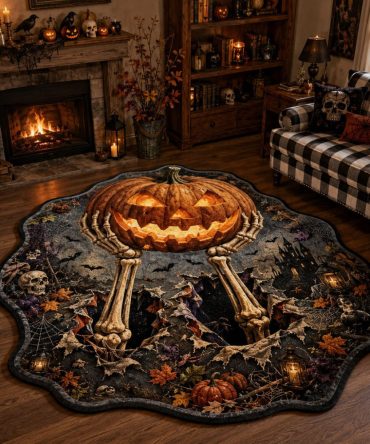 Pumpkin Eclipse Spooky Rug — Custom-Shaped Halloween Floor Accent With Dark Jack-O'-Lantern Design For Entryway & Party Decor