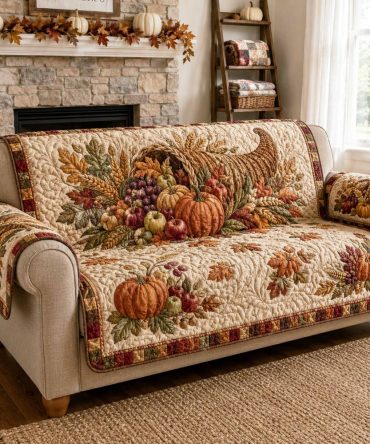Pumpkin Fields Quilted Couch Cover — Autumn Sofa Slipcover With Warm Pumpkin Motif, Protective Rustic Fall Decor For Living Room