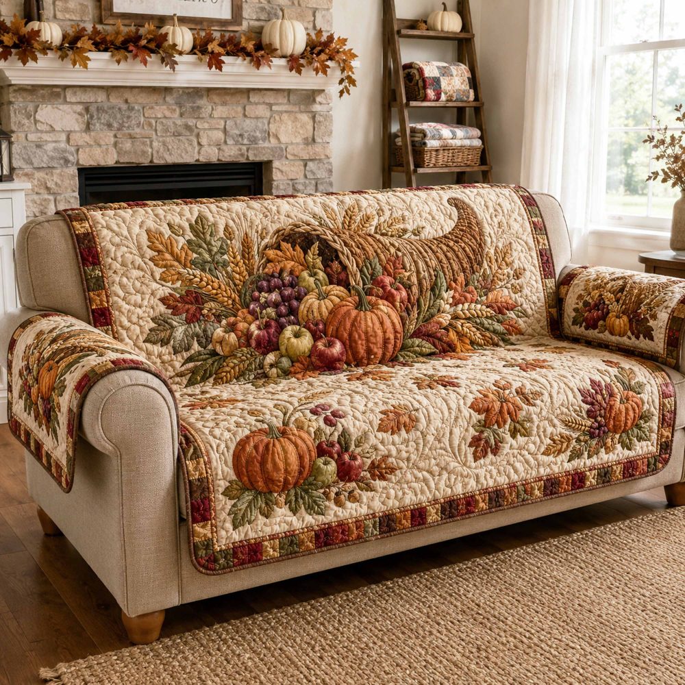 Pumpkin Fields Quilted Couch Cover — Autumn Sofa Slipcover With Warm Pumpkin Motif, Protective Rustic Fall Decor For Living Room
