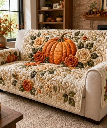 Cozy Pumpkin Roses Quilted Sofa Cover - Fall Couch Protector Slipcover, Reversible, Stain-Resistant, Fits 2-3 Seaters