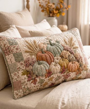 Pumpkin Season Quilted Pillowcase - Autumn Harvest Decorative Shams For Fall Bedding, Soft Cotton Blend, Machine Washable