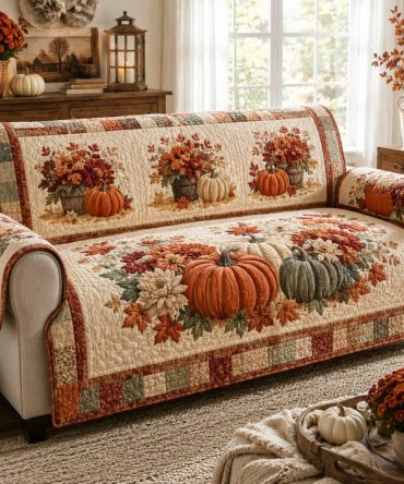 Pumpkin & Sunflower Harvest Quilted Sofa Cover - Autumn Couch Protector, Reversible Rustic Farmhouse Slipcover, Soft Polyester