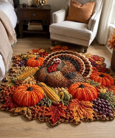 Pumpkin & Turkey Gathering Shaped Rug — Festive Fall Custom Area Rug, Thanksgiving Accent Mat For Home Seasonal Decor