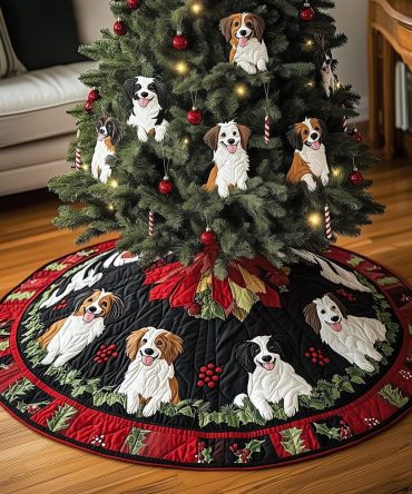 Puppy Christmas Delight Quilted Tree Skirt — Bright Puppy Holiday Tree Skirt, Soft Quilting, Machine-Washable For Easy Care